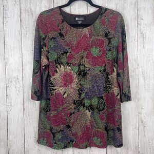Maggie Barnes Top Women 0X Multi Floral Blouse 3/4 Sleeve Stretchy Artsy Fairy
